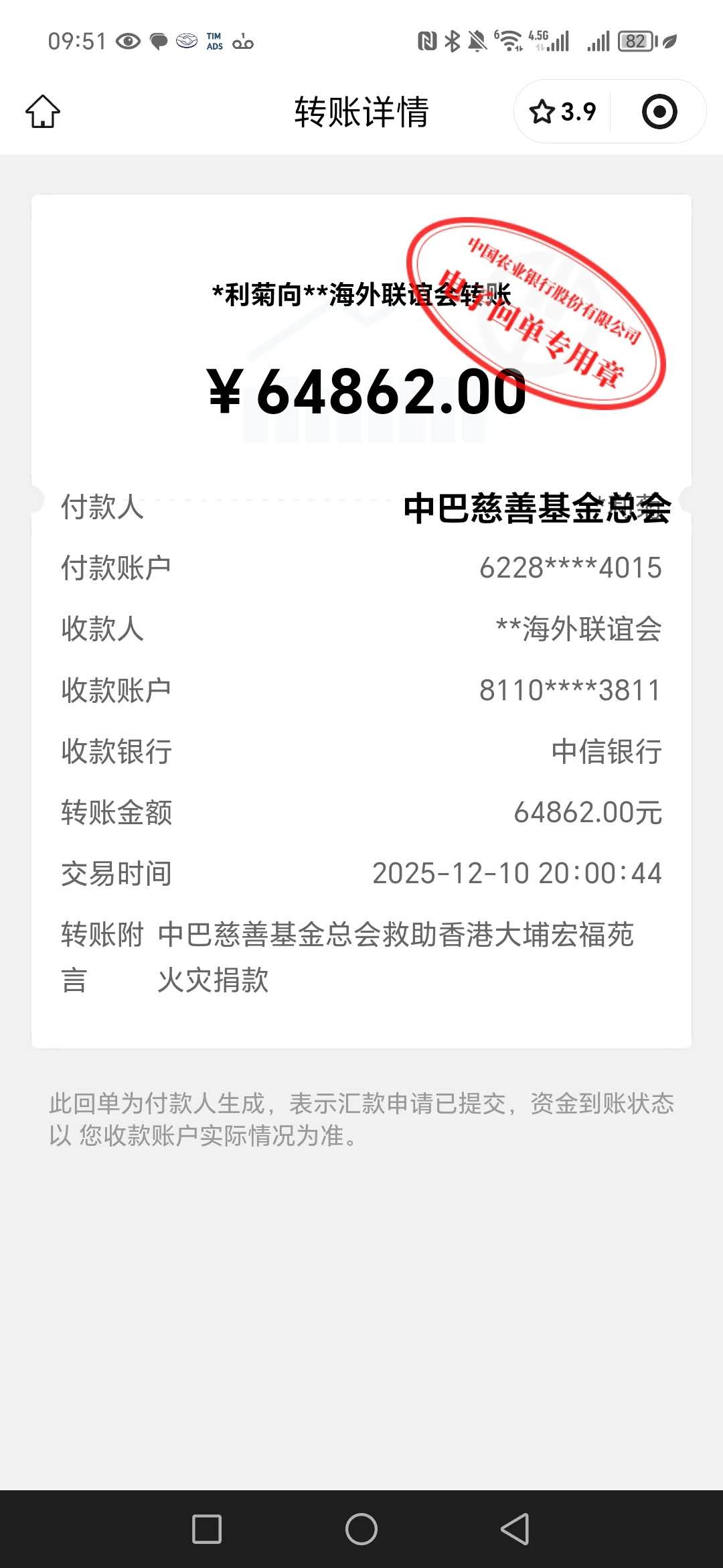 中巴慈善基金总会为香港新界火灾募捐逾16万元